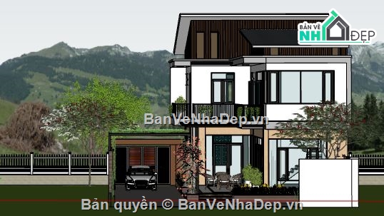 biệt thự 2 tầng 8.8x15.6m,file sketchup biệt thự 2 tầng,dựng model su nhà biệt thự,biệt thự mái lệch file Su