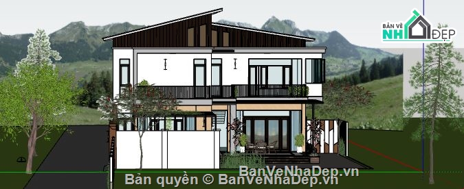 biệt thự 2 tầng 8.8x15.6m,file sketchup biệt thự 2 tầng,dựng model su nhà biệt thự,biệt thự mái lệch file Su