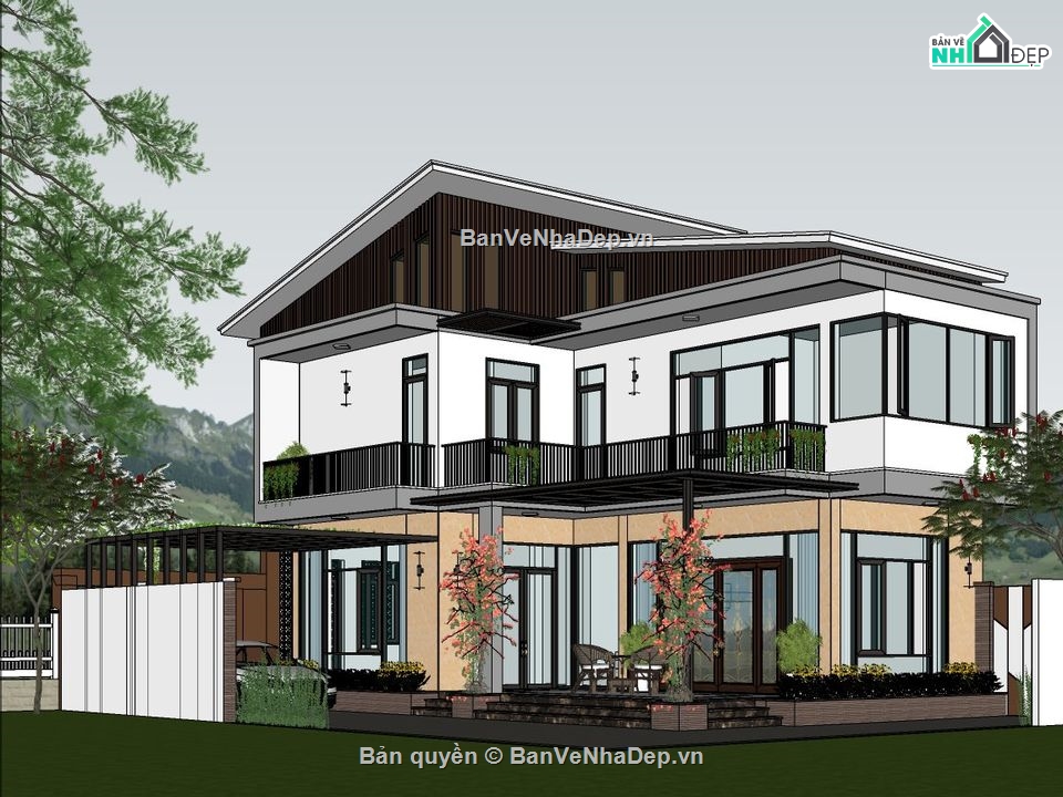 biệt thự 2 tầng 8.8x15.6m,file sketchup biệt thự 2 tầng,dựng model su nhà biệt thự,biệt thự mái lệch file Su