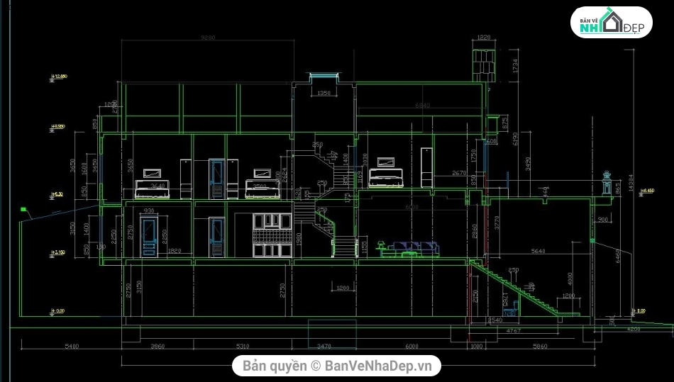 Dựng mẫu file cad thiết kế nhà ống 3 tầng 1 tum kích thước 4x27m ...