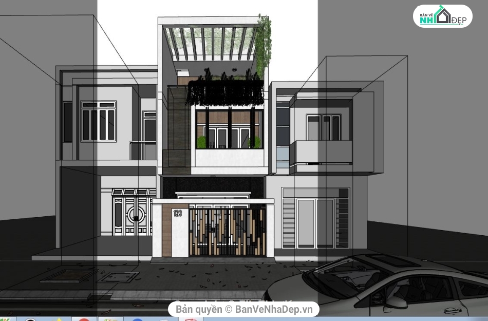 Sketchup nhà phố 3 tầng,Nhà phố 2 tầng,Nhà phố hiện đại,Nhà phố 3 tầng,thiết kế nhà phố 3 tầng