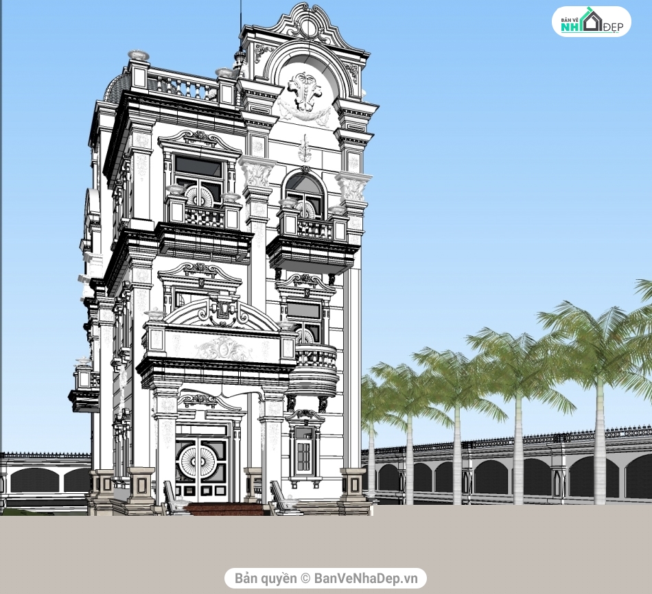 biệt thự 3 tầng,biệt thự cổ điển,Sketchup biệt thự cổ,biệt thự  3 tầng cổ điển,phối cảnh biệt thự 3 tầng