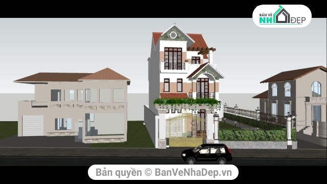 Sketchup 3 tầng,Bản vẽ biệt thự 3 tầng,mẫu biệt thự 3 tầng,sketchup biệt thự 3 tầng