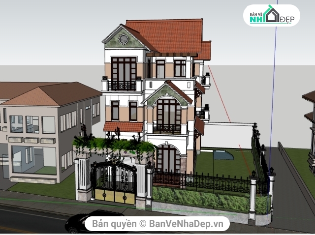 Sketchup 3 tầng,Bản vẽ biệt thự 3 tầng,mẫu biệt thự 3 tầng,sketchup biệt thự 3 tầng