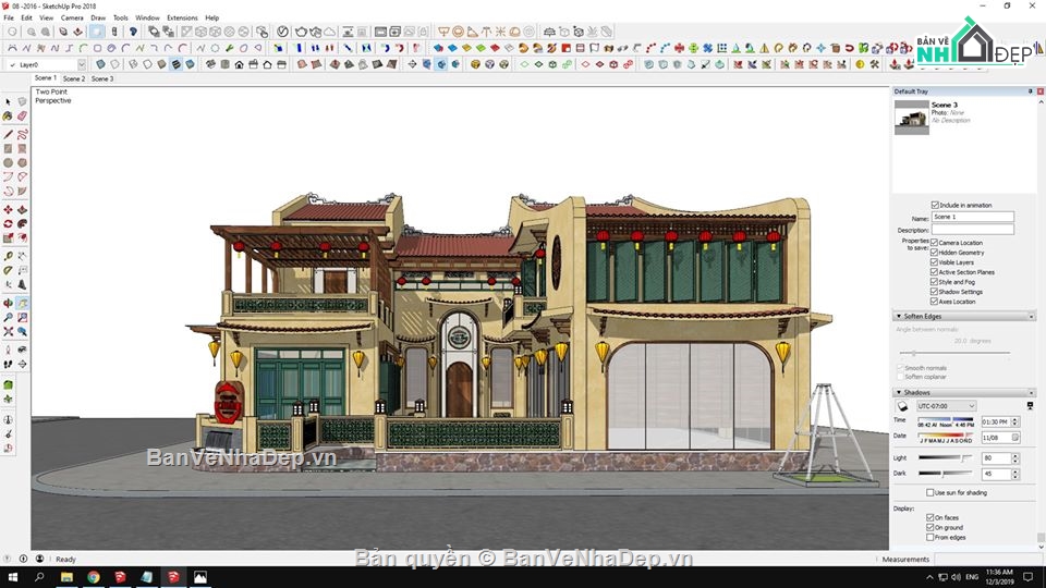 model sketchup nhà hàng,nhà hàng  2 tầng,Nhà 2 tầng đẹp,nhà hàng tân cổ 2 tầng,Model Sketchup Nhà hàng