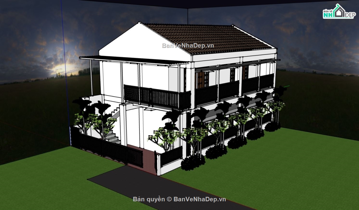 sketchup nhà nông thôn,Model sketchup nhà 2 tầng,nhà 2 tầng đơn giản