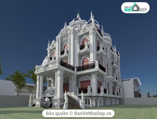 Biệt thự tân cổ điển,biệt thự lâu đài tân cổ,Sketchup biệt thự cổ điển,Biệt thự lâu đài hiện đại,sketchup biệt thự lâu đài 4 tầng