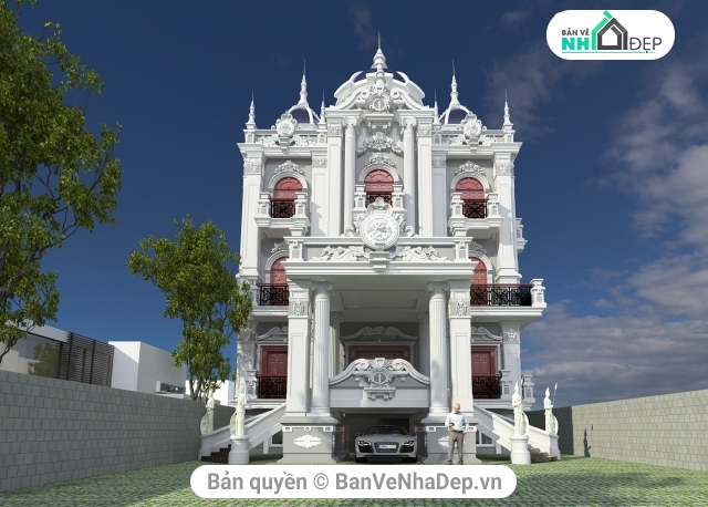 Biệt thự tân cổ điển,biệt thự lâu đài tân cổ,Sketchup biệt thự cổ điển,Biệt thự lâu đài hiện đại,sketchup biệt thự lâu đài 4 tầng