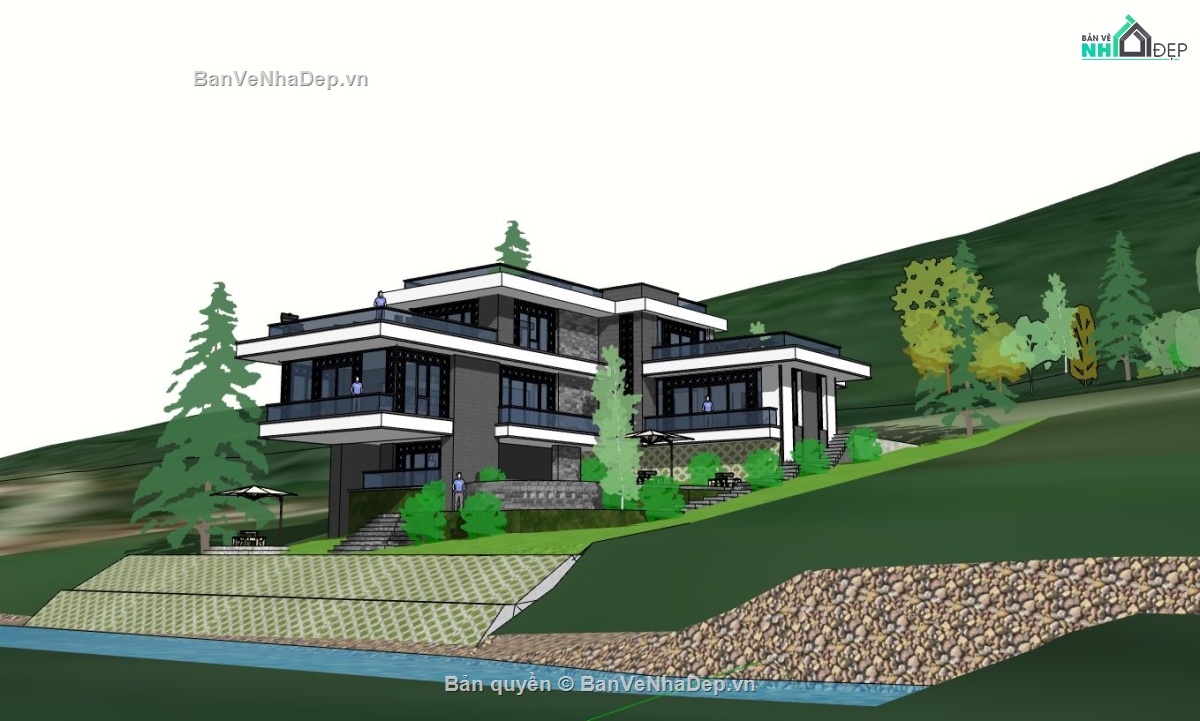 file sketchup villa 3 tầng,sketchup villa 3 tầng,villa 3 tầng hiện đại