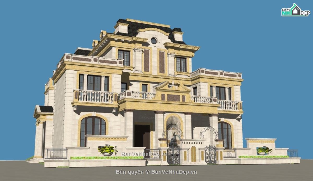 mẫu villa 3 tầng su đẹp,phối cảnh villa model sketchup,biệt thự villa sketchup,mẫu villa su