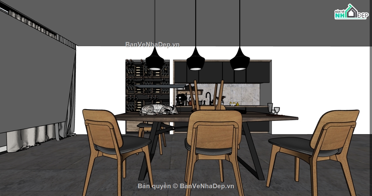 phòng bếp thiết kế 3d,dựng sketchup nội thất bếp ăn,model su nội thất phòng bếp