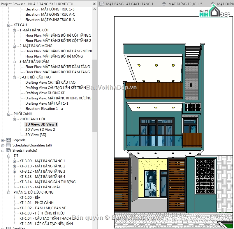 Revit nhà phố 3 tầng,revit nhà phố 3 tầng,File revit nhà phố,Bản vẽ revit nhà phố,nhà phố 3 tầng revit