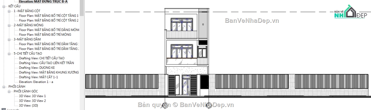 Revit nhà phố 3 tầng,revit nhà phố 3 tầng,File revit nhà phố,Bản vẽ revit nhà phố,nhà phố 3 tầng revit