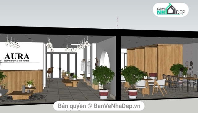 6 mô hình phối cảnh nội thất và ngoại thất của cửa hàng quán cafe trên Model Sketchup