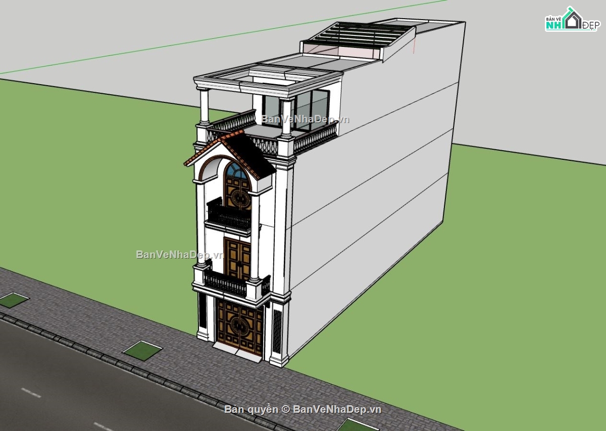 nhà phố  tân cổ điển,nhà phố 4 tầng,phối cảnh nhà phố đẹp,file sketchup nhà phố
