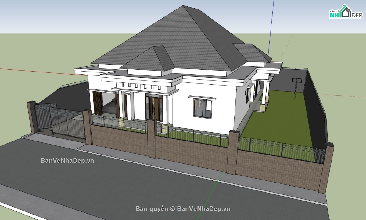 biệt thự 1 tầng,sketchup biệt thự 1 tầng,bản vẽ biệt thự 3d