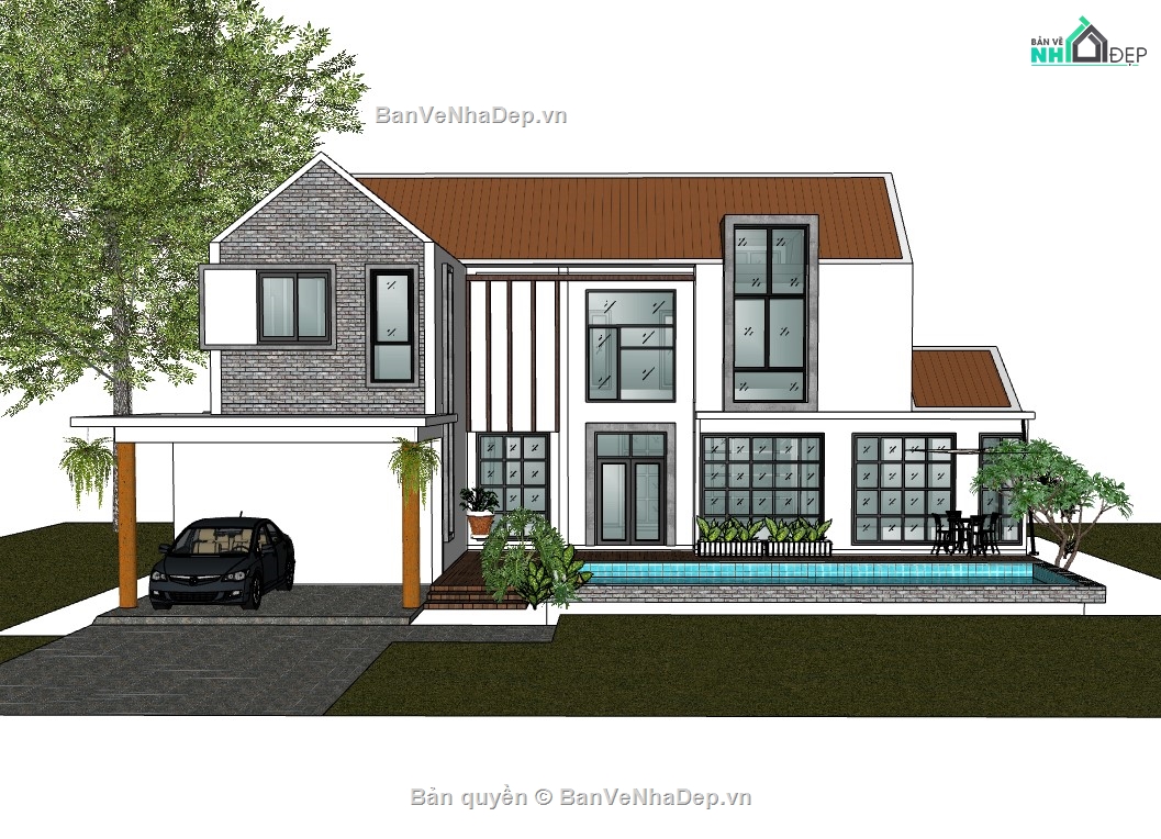 biệt thự 2 tầng,biệt thự sketchup,sketchup biệt thự,File sketchup biệt thự 2 tầng,sketchup biệt thự 2 tầng