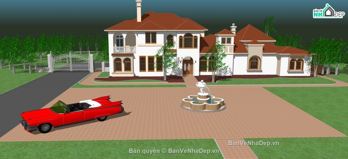 File sketchup biệt thự 2 tầng,mẫu biệt thự 2 tầng sketchup,bao cảnh biệt thự 2 tầng,model biệt thự 2 tầng su