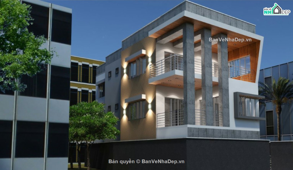 biệt thự 3 tầng,file sketchup biệt thự 3 tầng,phối cảnh biệt thự 3 tầng