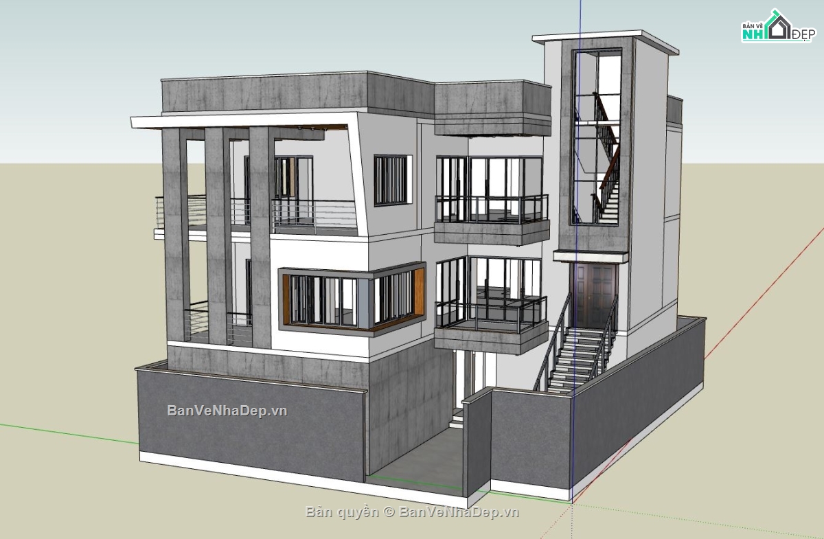 biệt thự 3 tầng,file sketchup biệt thự 3 tầng,phối cảnh biệt thự 3 tầng