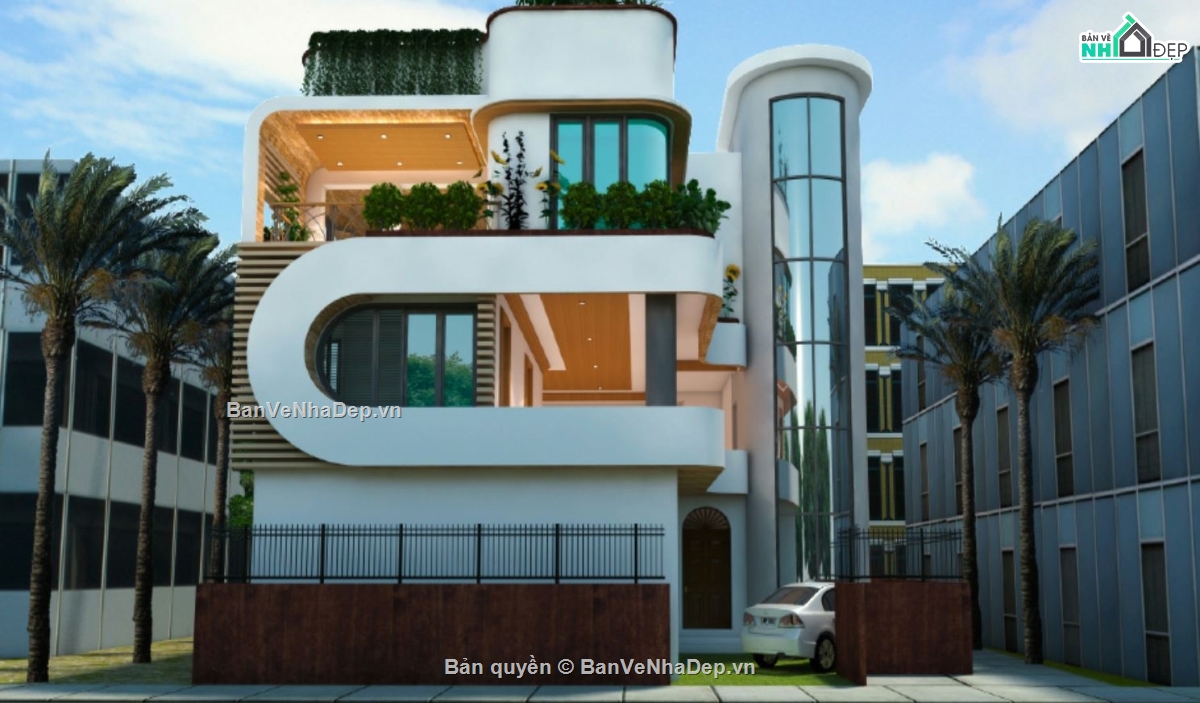 biệt thự 3 tầng,file sketchup biệt thự 3 tầng,phối cảnh biệt thự