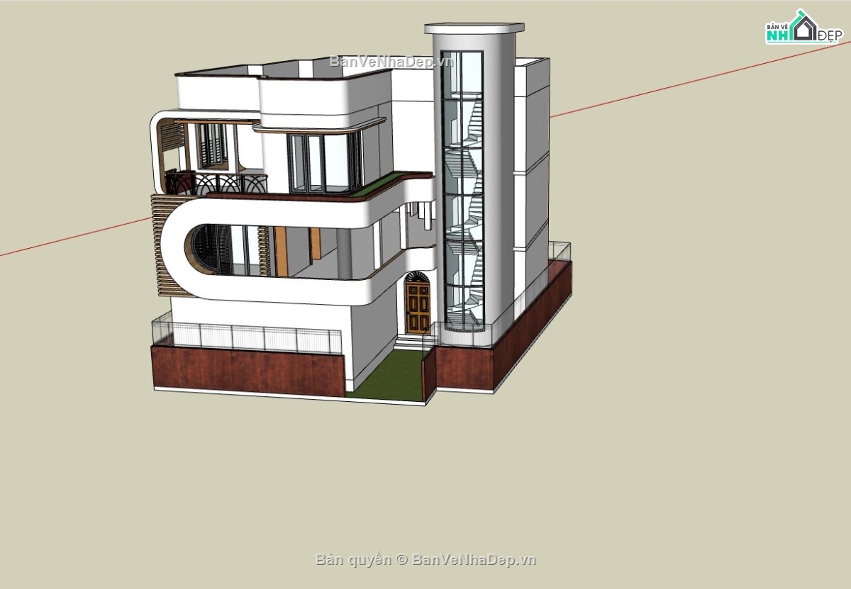 biệt thự 3 tầng,file sketchup biệt thự 3 tầng,phối cảnh biệt thự