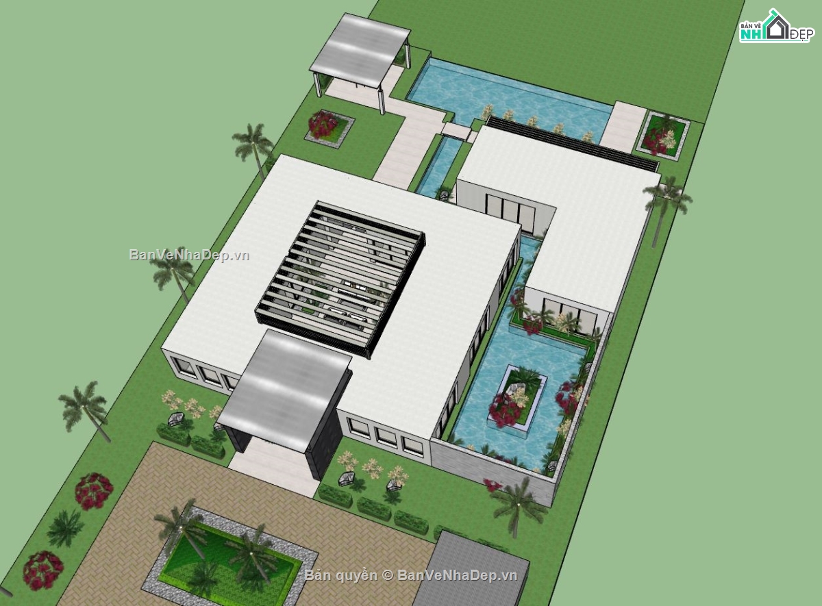 biệt thự 1 tầng,sketchup biệt thự 1 tầng,model sketchup biệt thự 1 tầng,phối cảnh biệt thự 1 tầng