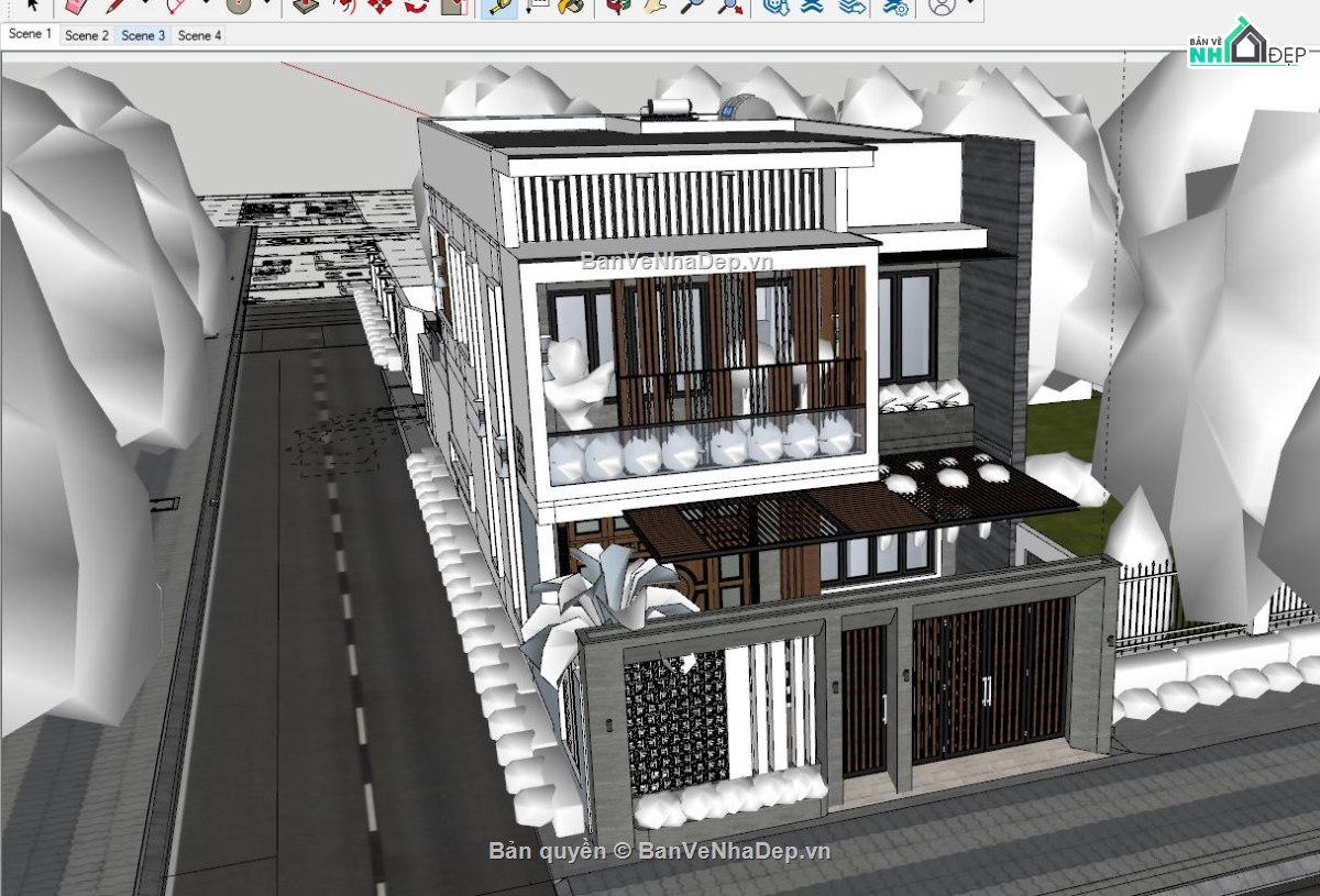 mẫu biệt thự 2 tầng sketchup,dựng 3dsu biệt thự 2 tầng,sketchup biệt thự 2 tầng,bao cảnh biệt thự 2 tầng