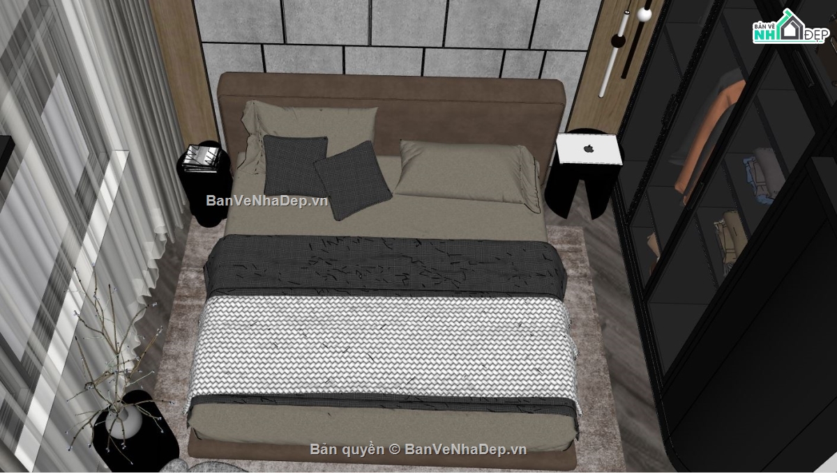 3d sketchup phòng ngủ,3d phòng ngủ,File sketchup phòng ngủ hiện đại,mẫu phòng ngủ