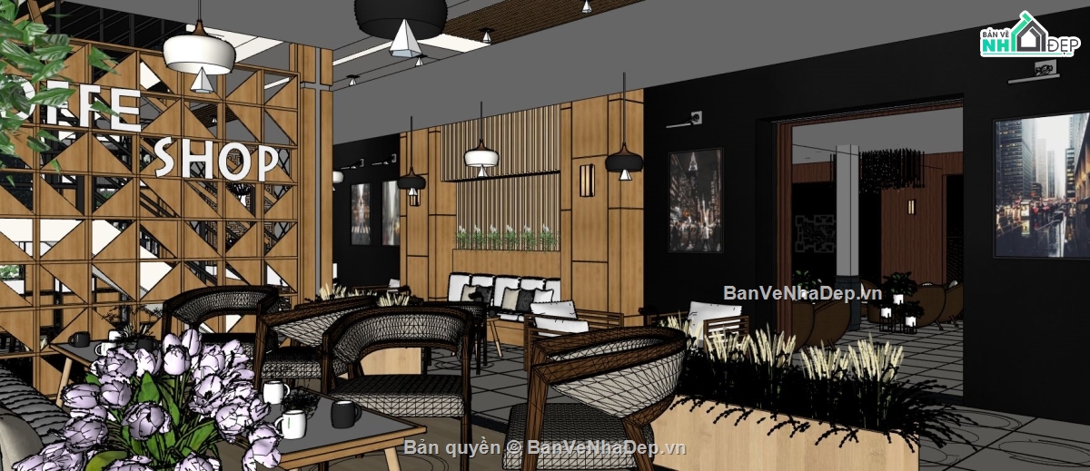 su quán cafe,file sketchup quán cafe,thiết kế quán cafe,model su cafe