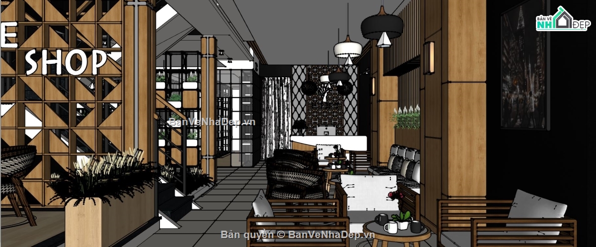 su quán cafe,file sketchup quán cafe,thiết kế quán cafe,model su cafe
