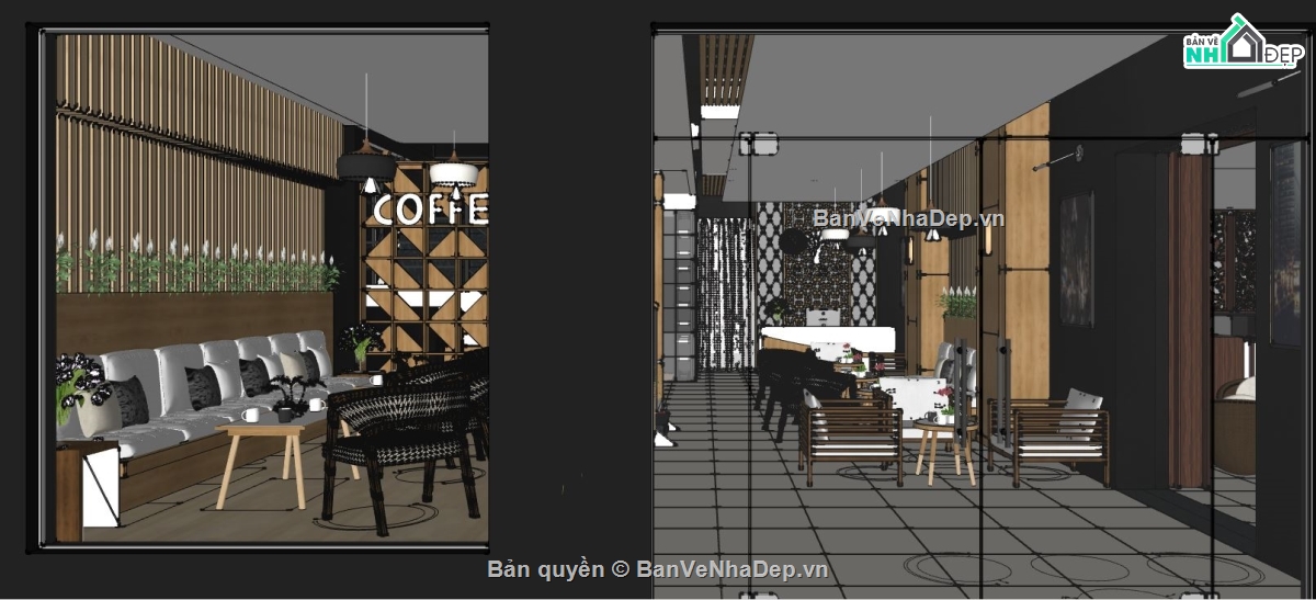 su quán cafe,file sketchup quán cafe,thiết kế quán cafe,model su cafe