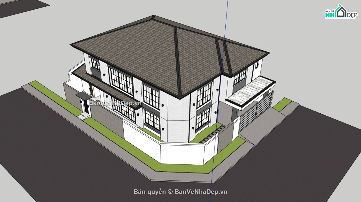 biệt thự 2 tầng,file sketchup biệt thự 2 tầng,phối cảnh biệt thự 2 tầng