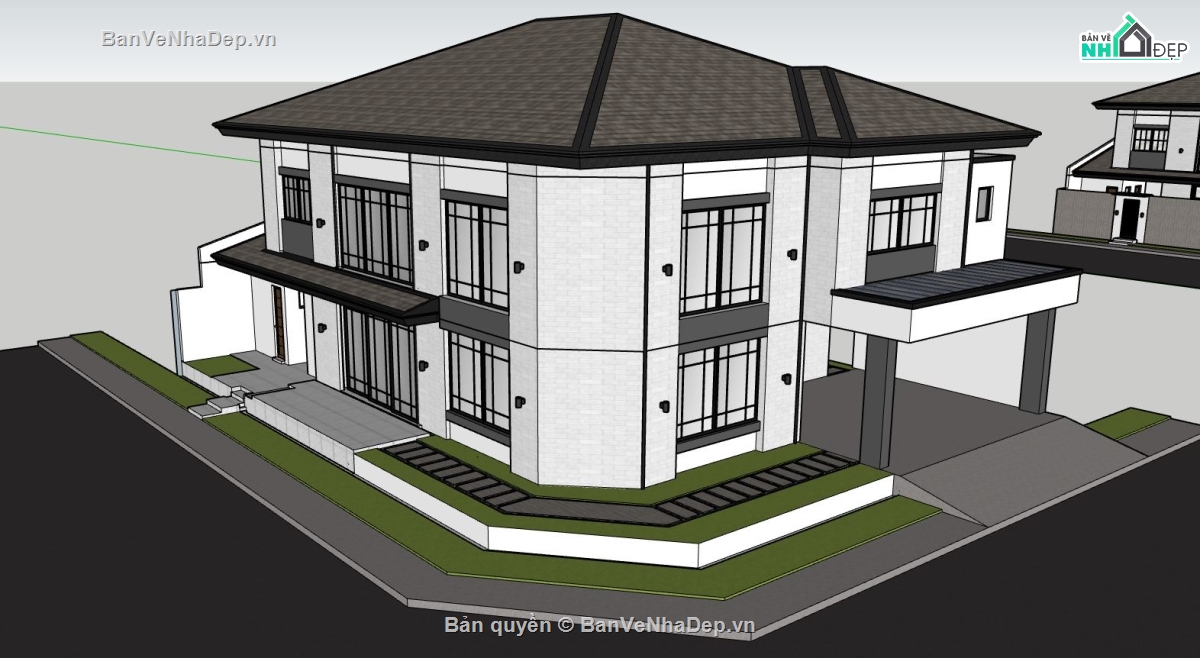 biệt thự 2 tầng,file sketchup biệt thự 2 tầng,phối cảnh biệt thự 2 tầng