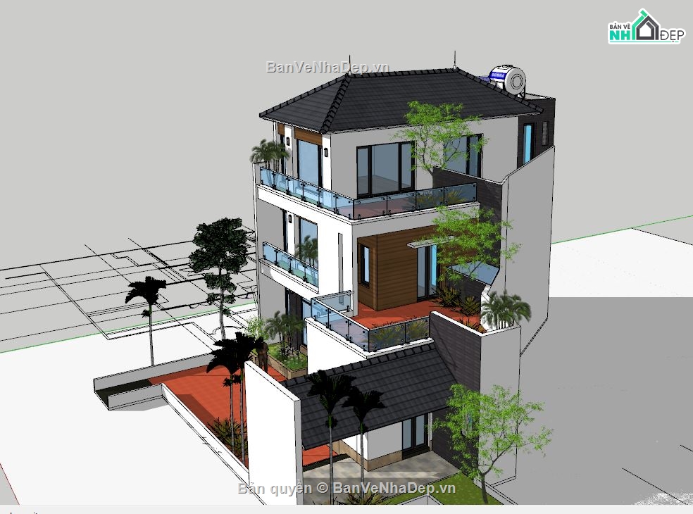 sketchup nhà phố 3 tầng,3d sketchup nhà phố 3 tầng,file sketchup nhà phố 3 tầng,model sketchup nhà phố 3 tầng