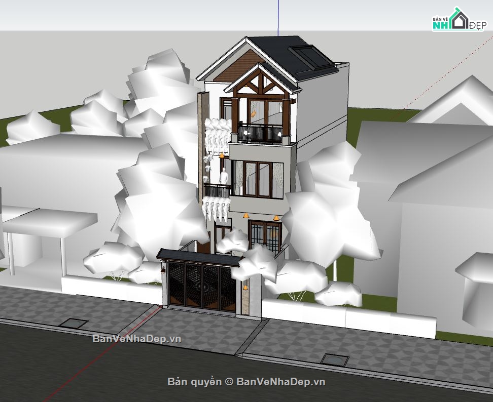 nhà phố 3 tầng,sketchup nhà phố 3 tầng,phối cảnh nhà phố