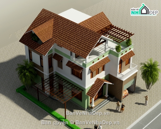 Biệt thự 11x14.5m,Bản vẽ kiến trúc biệt thự,Bản vẽ thiết kế biệt thự,file cad biệt thự 2.5 tầng,mẫu biệt thự 2.5 tầng