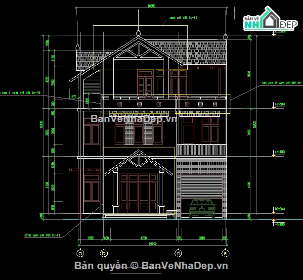 Biệt thự 11x14.5m,Bản vẽ kiến trúc biệt thự,Bản vẽ thiết kế biệt thự,file cad biệt thự 2.5 tầng,mẫu biệt thự 2.5 tầng