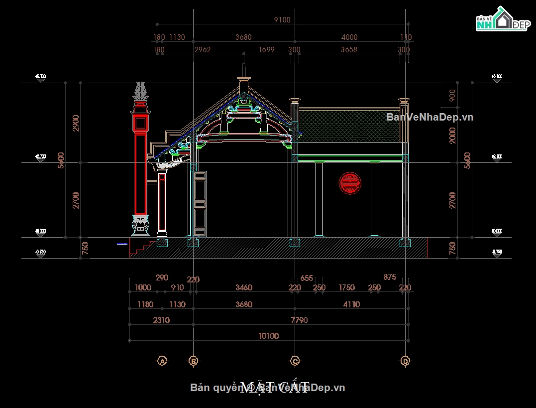 nhà thờ 3 gian,nhà từ đường,nhà thờ họ 3 gian,bản vẽ thiết kế nhà thờ