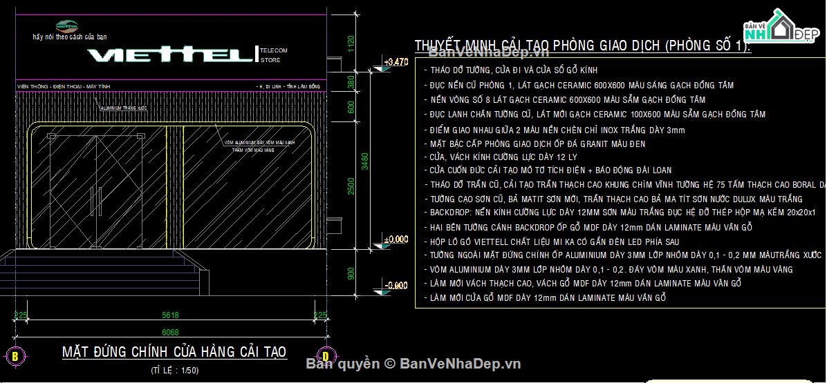 Bản vẽ autocad cửa hàng,Mẫu cửa hàng viettel store,bản vẽ cải tạo cửa hàng viettel,cad mẫu cửa hàng viettel,file cad 9.848x23.72m