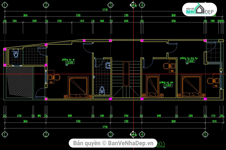 thiết kế nhà ống,nhà ống 5.1x17.7m,nhà ống 3 tầng,nhà mặt phố,File cad nhà ống 3 tầng