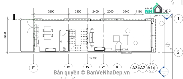 File autocad thiết kế nhà phố 3 tầng kích thước 5x17.7m bằng revit