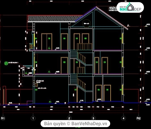 bản vẽ nhà ở,Bản vẽ autocad,nhà 3 tầng,nhà phố 3 tầng kích thước 7x12m