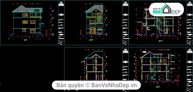 bản vẽ nhà ở,Bản vẽ autocad,nhà 3 tầng,nhà phố 3 tầng kích thước 7x12m