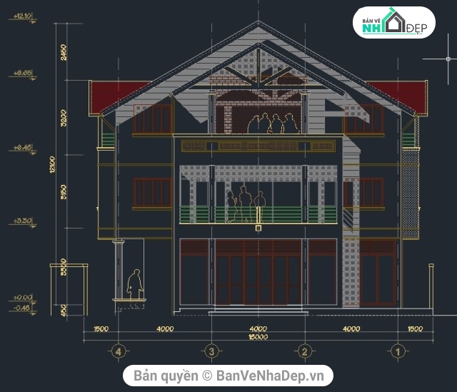 biệt thự 3 tầng,file cad biệt thự 3 tầng,bản vẽ biệt thự 3 tầng