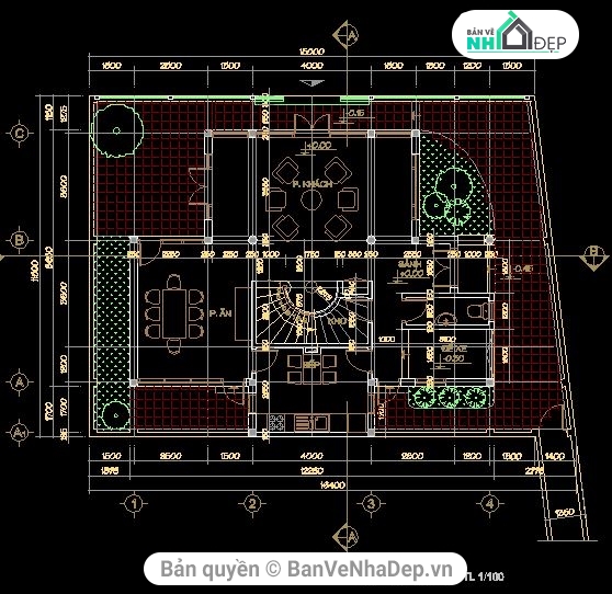 biệt thự 3 tầng,file cad biệt thự 3 tầng,bản vẽ biệt thự 3 tầng