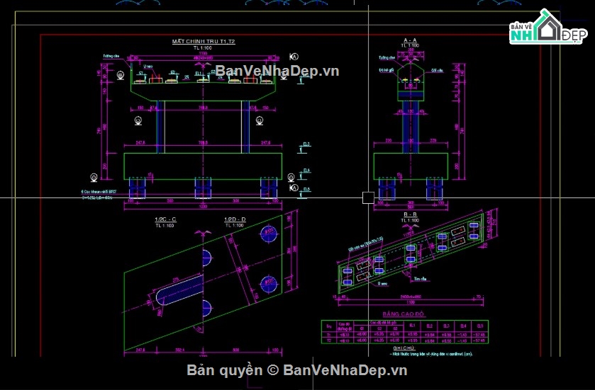 Bản vẽ trụ cầu góc xiên,Cách bố trí gối cầu trụ chéo góc,Cấu tạo trụ cầu chéo góc