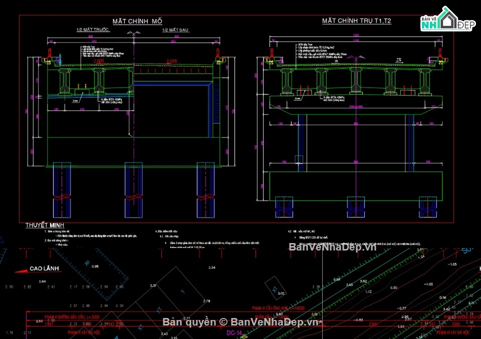 Bản vẽ trụ cầu góc xiên,Cách bố trí gối cầu trụ chéo góc,Cấu tạo trụ cầu chéo góc