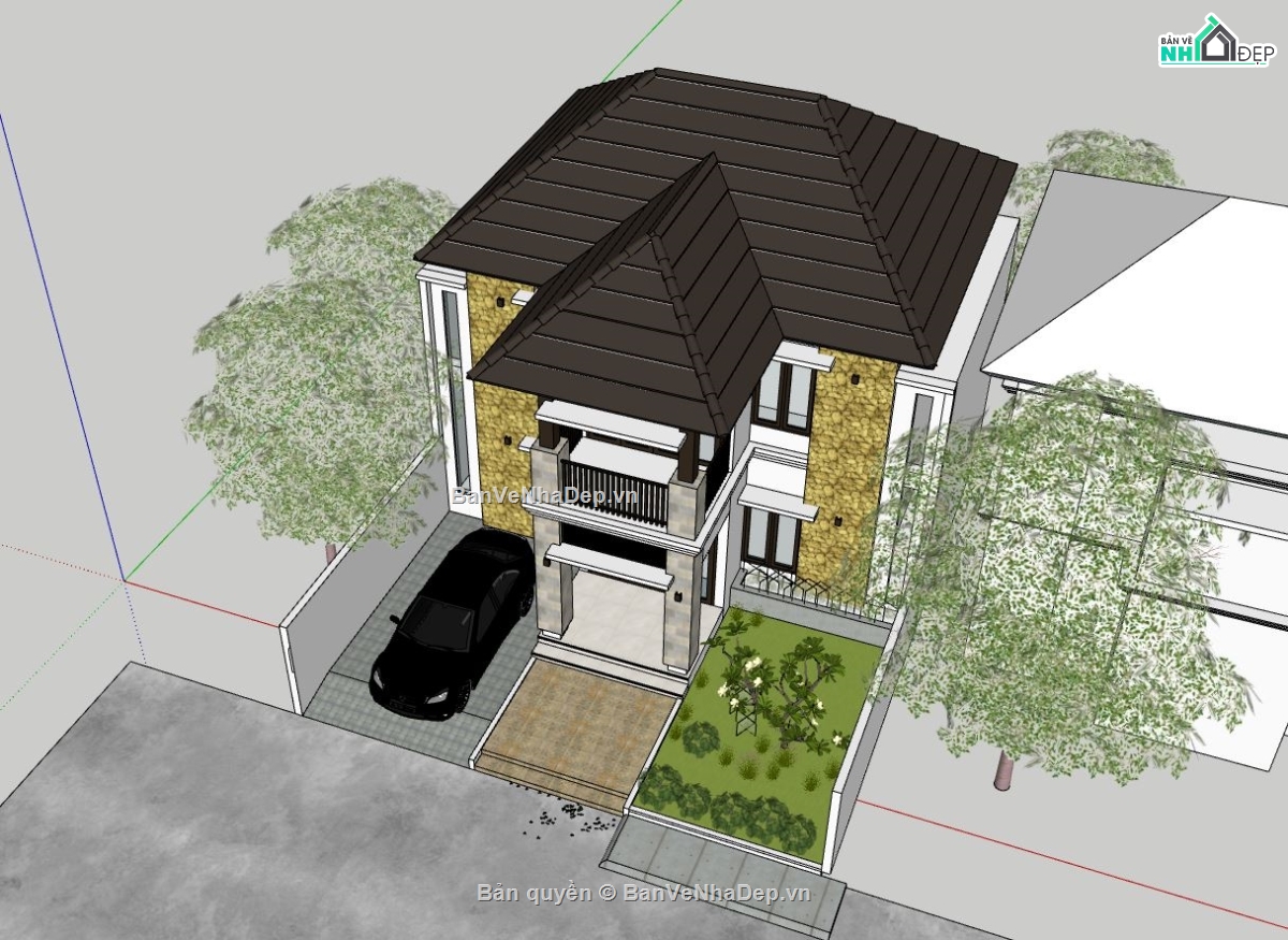 nhà phố 2 tầng,phối cảnh nhà phố,sketchup nhà phố 2 tầng,nhà phố hiện đại