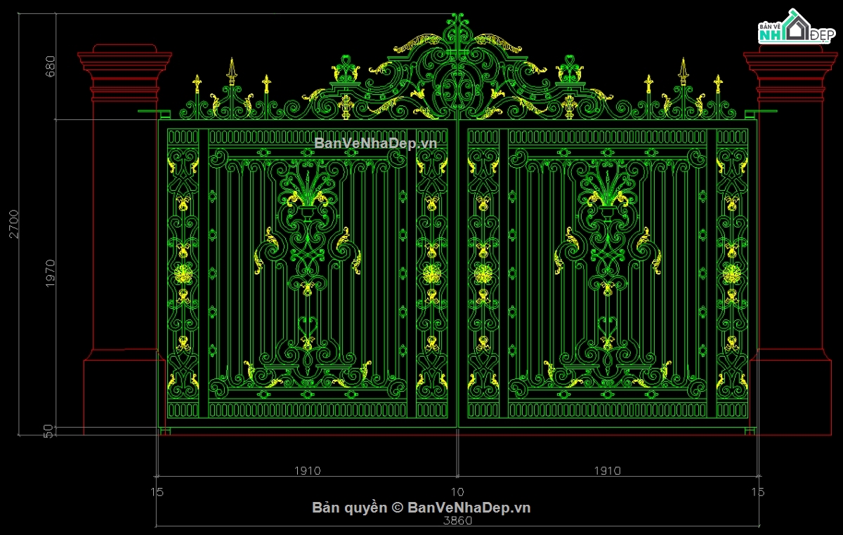 Cửa cổng biệt thự,File cad cổng cnc đẹp,Autocad cổng cnc đẹp,Bản vẽ cổng cnc đẹp,Mẫu cổng cnc file cad